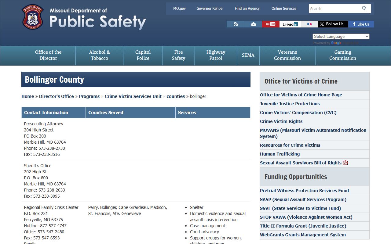 Bollinger County inmate records sheriff contact directory