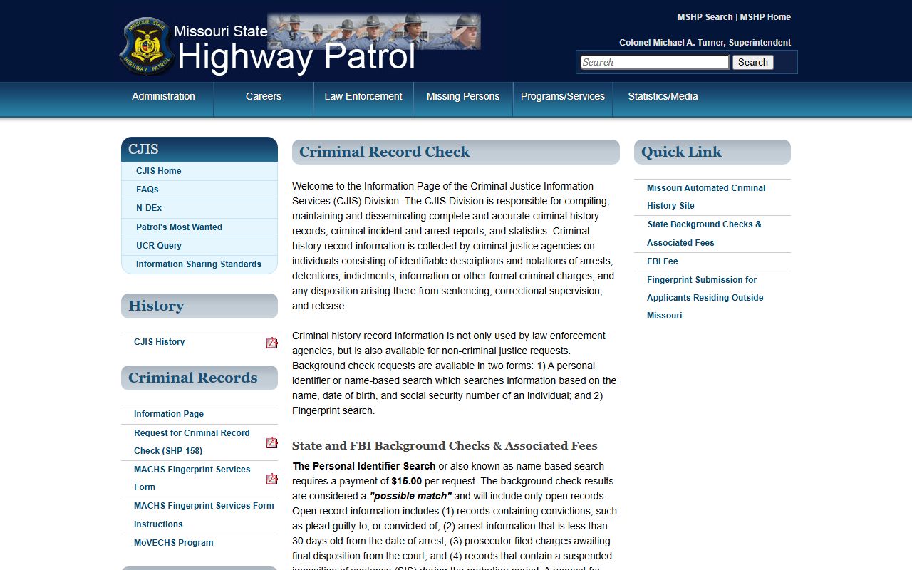 Bollinger County arrest court records Missouri State Highway Patrol criminal history page